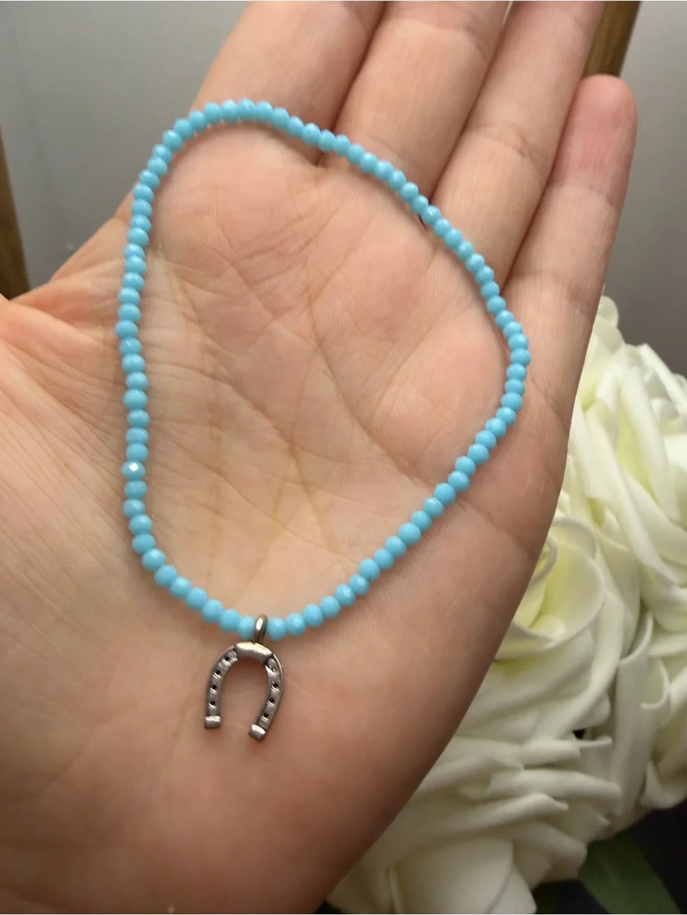 Turquoise Beaded Necklace with Silver Horseshoe Charm